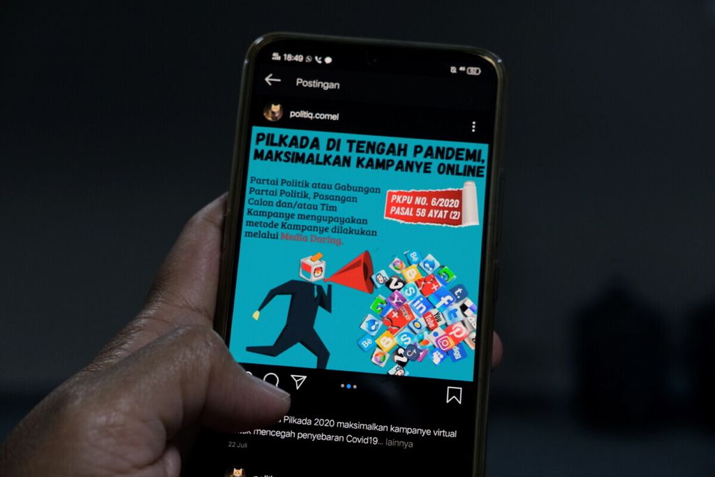 Salah satu unggahan tentang anjuran untuk melakukan kampanye pilkada secara daring lewat media sosial di akun Instagram @politiq.comel yang diakses dari Jakarta, Sabtu (26/9/2020). Kampanye daring melalui media sosial bisa meminimalkan penyebaran virus Covid-19.