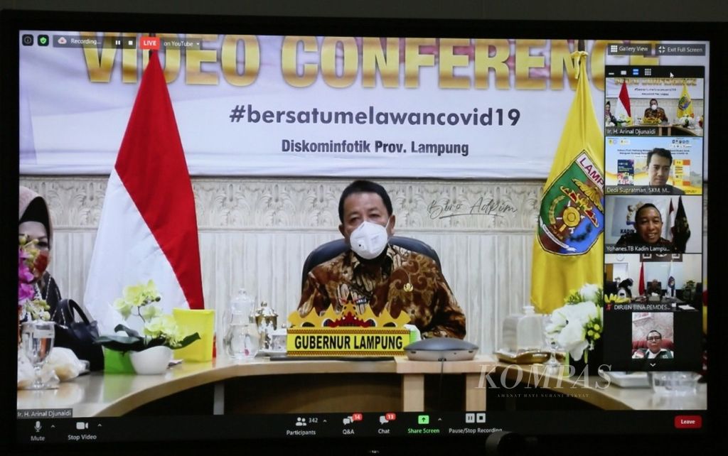 Gubernur Lampung Arinal Djunaidi saat menghadiri acara webinar bertajuk “Tiyuh (desa) Melawan Corona” di Bandar Lampung, Jumat (18/9/2020).