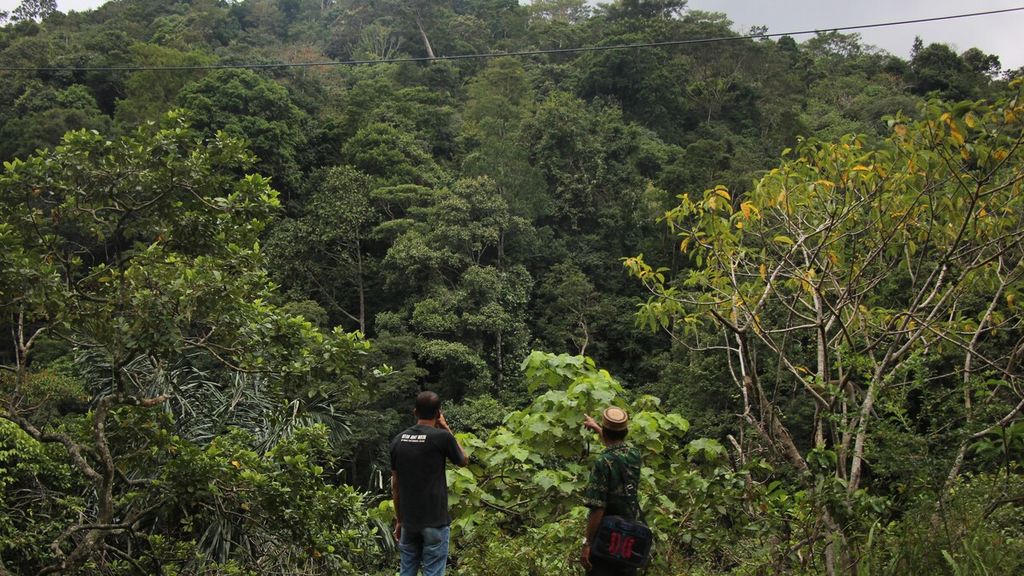 Imum Mukim Beungga, Ilyas (kanan), menunjukkan kawasan hutan lindung di Kecamatan Tangse, Kabupaten Pidie, Aceh, yang akan diusulkan sebagai hutan adat, Selasa (14/2/2023).