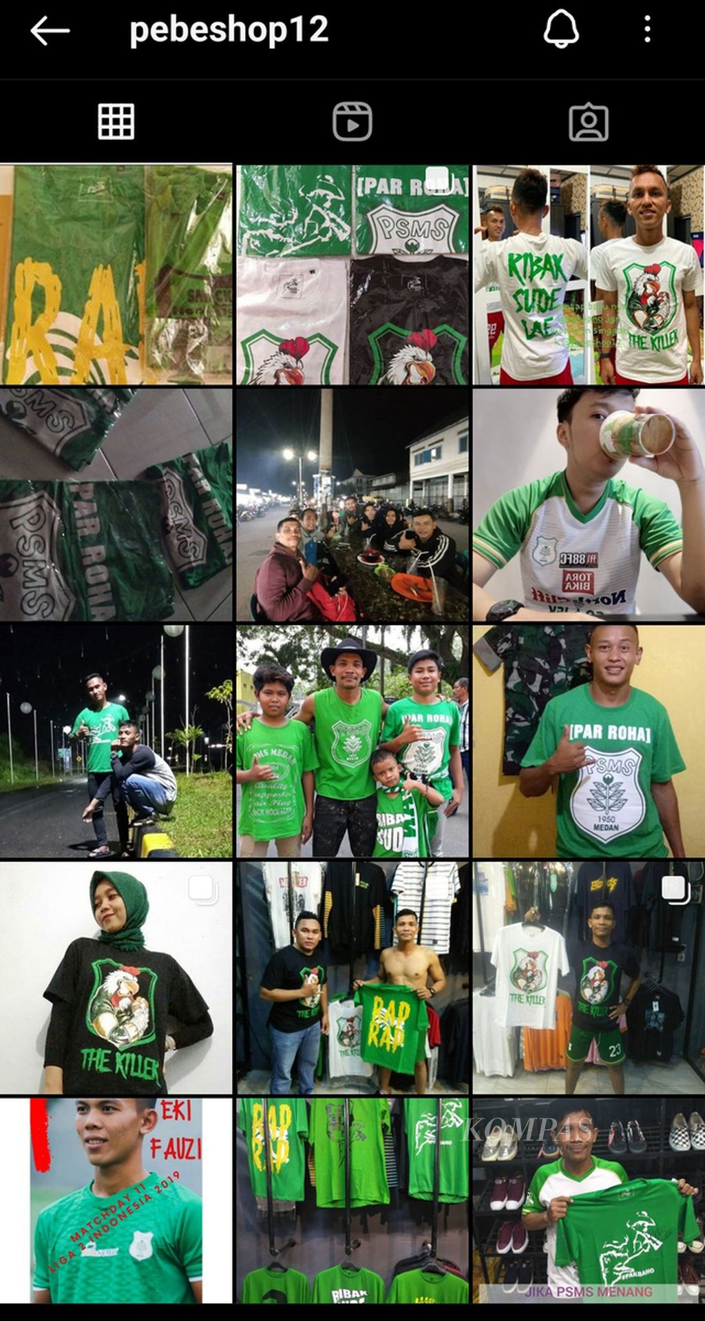 Aktivitas akun Instagram @pebeshop12, akun dagang milik panglima aksi kelompok suporter PSMS Medan, Suporter Medan Cinta Kinantan (SMeCK) 2007-2018, Saut FJ Naibaho (42), yang direkam <i>Kompas</i>, Senin (14/8/2023). 