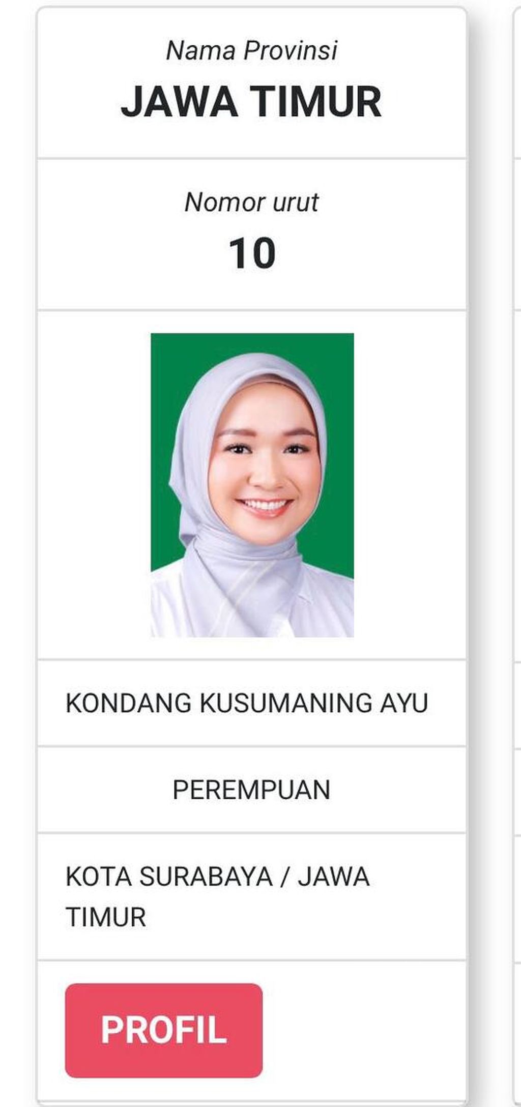 Tangkapan layar profil Kondang Kusumaning Ayu, calon anggota DPD Jatim yang memperoleh banyak suara karena fotonya yang memesona.