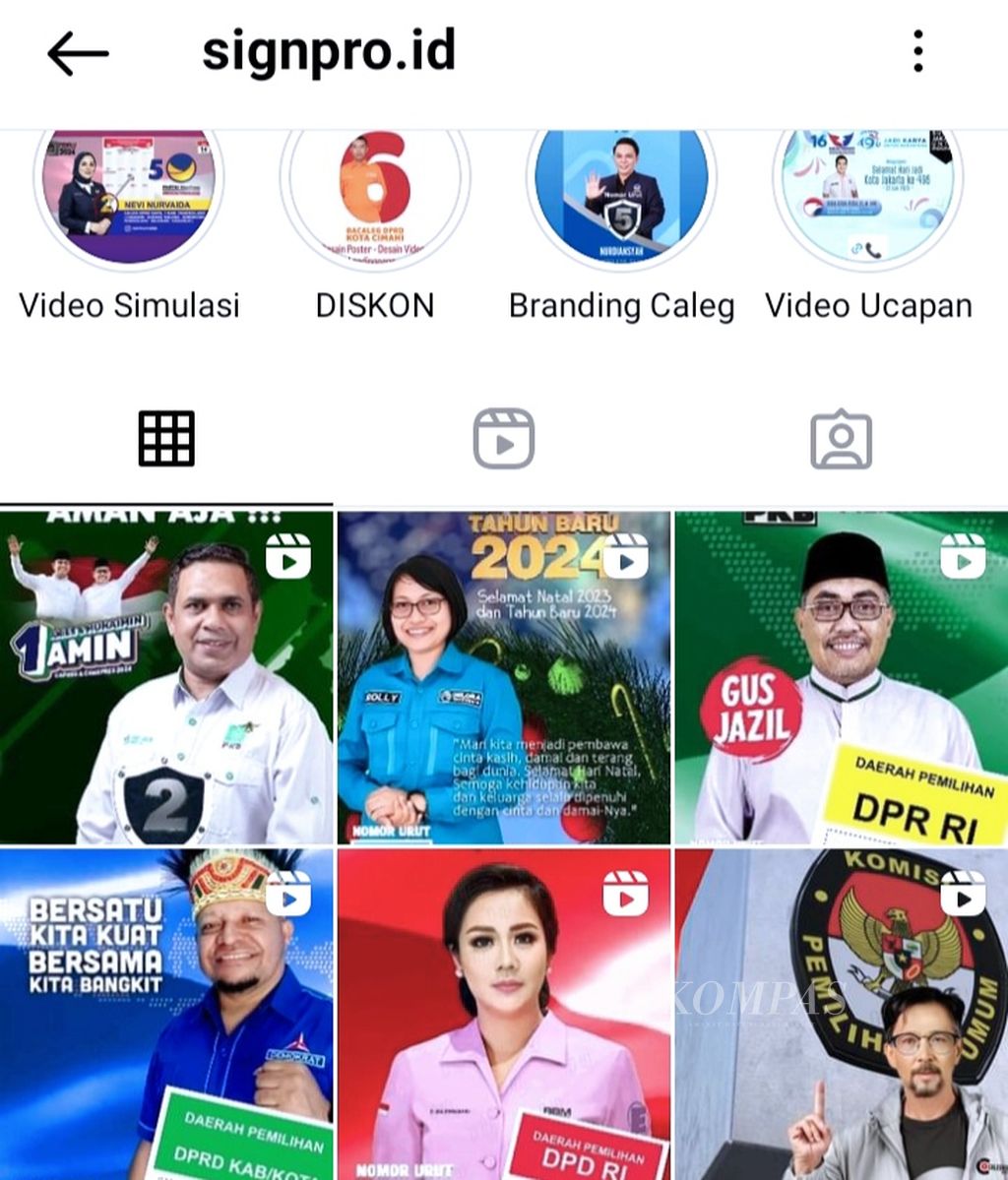 Sejumlah produk video kampanye yang dijadikan sebagai bahan promosi jasa desain Signpro.id di media sosial Instagram.