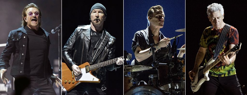 Para anggota band asal Irlandia, U2, dari kiri: vokalis Bono dalam penampilan di Washington, 17 Juni 2018; The Edge dalam penampilan di Chicago, 22 Mei 2018; Larry Mullen Jr dan Adam Clayton saat tampil di Bonnaroo Music and Arts Festival di Manchester, Tennessee, 9 Juni 2017. Band ini baru saja merilis album baru berjudul <i>Songs Of Surrender</i> yang berisi koleksi 40 lagunya yang direinterpretasi.