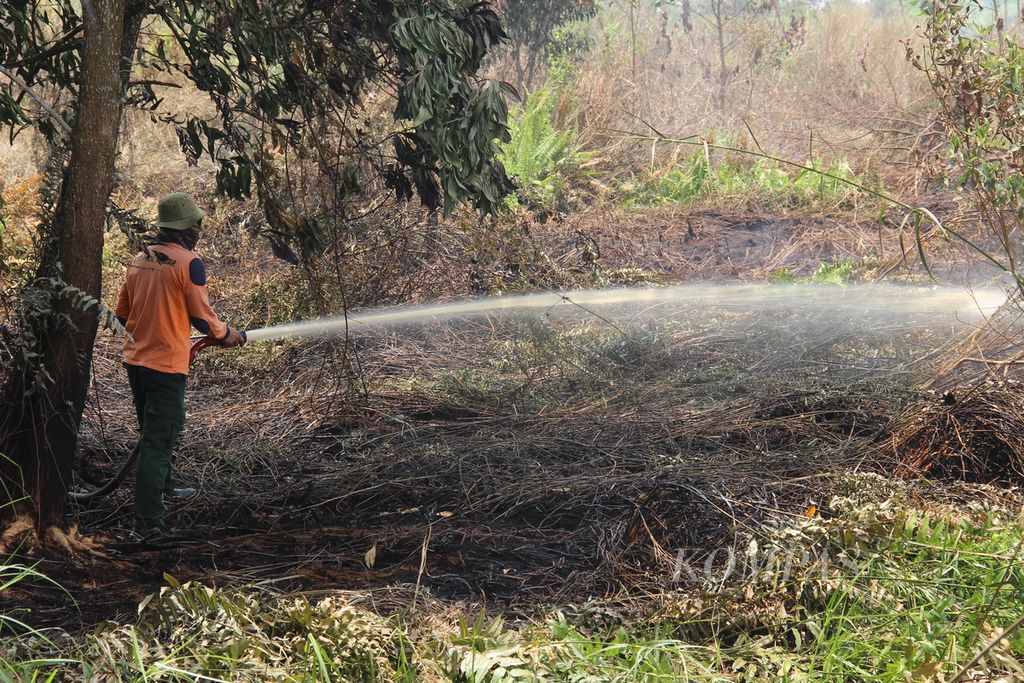 Proses pemadaman lahan gambut yang terbakar di Kabupaten Kubu Raya, Kalimantan Barat, Senin (25/9/2023).