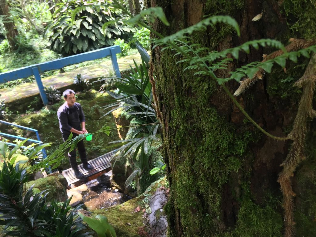 Petugas penjaga Arboretum Sumber Brantas memeriksa lokasi mata air Sungai Brantas itu dalam pengelolaan Perum Jasa Tirta 1 di kaki Gunung Anjasmoro di Desa Sumber Brantas, Kecamatan Bumiaji, Kota Batu, Jawa Timur, 6 November 2021.