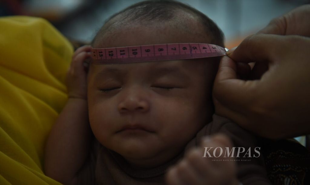 Kader mengukur lingkar kepala anak balita sebelum mendapatkan vaksin saat Bulan Imunisasi Anak Nasional (BIAN) di Posyandu Anggrek Ungu 2, Kecamatan Wonocolo, Kota Surabaya, Jawa Timur, Selasa (2/8/2022). 