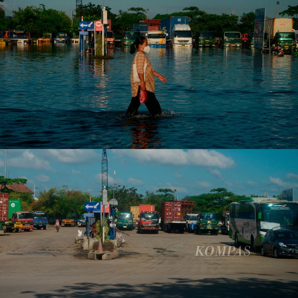 Foto atas: warga melintasi deretan truk yang terendam banjir pasang air laut di Pelabuhan Tanjung Emas, Kota Semarang, Jawa Tengah, Selasa (24/5/2022). Foto bawah: area parkir truk yang sama usai rob surut.