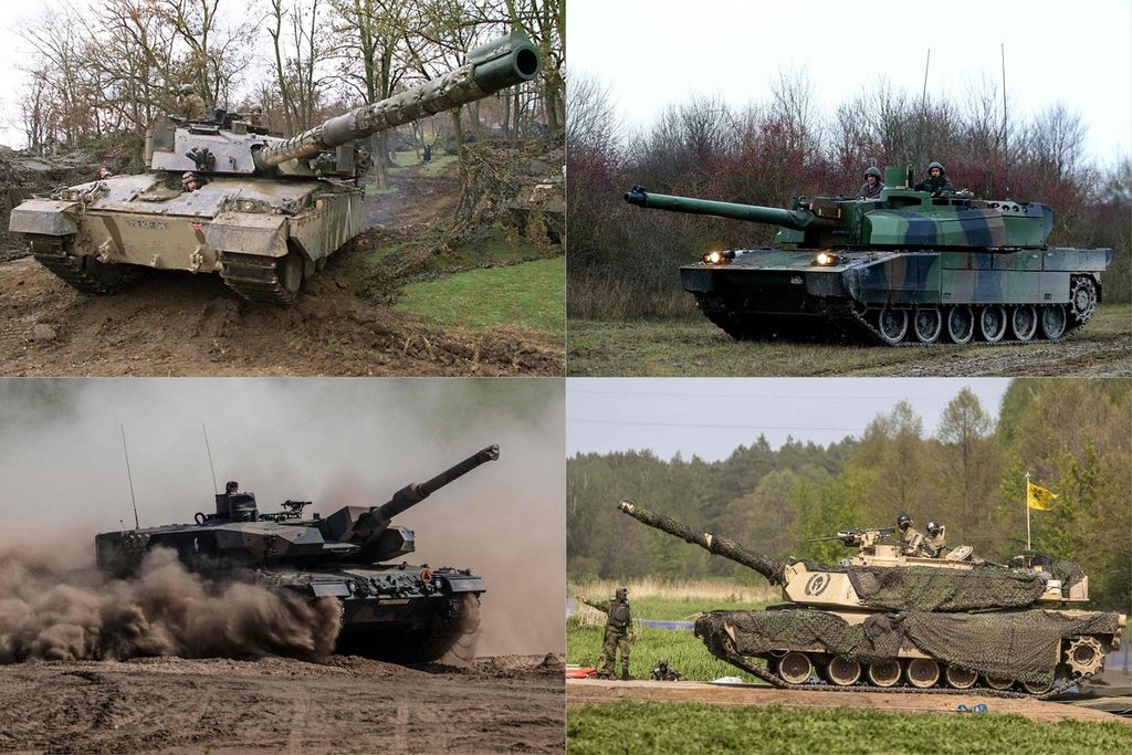 Kolase foto tank-tank yang dijanjikan Amerika Serikat dan sekutunya akan dikrimkan ke Ukraina.  Tank Challenger 2 buatan Inggris (kiri atas), Lecrec buatan Perancis, Leopard buatan Jerman (kanan bawah), dan M1 Abrams buatan AS  (kiri bawah)