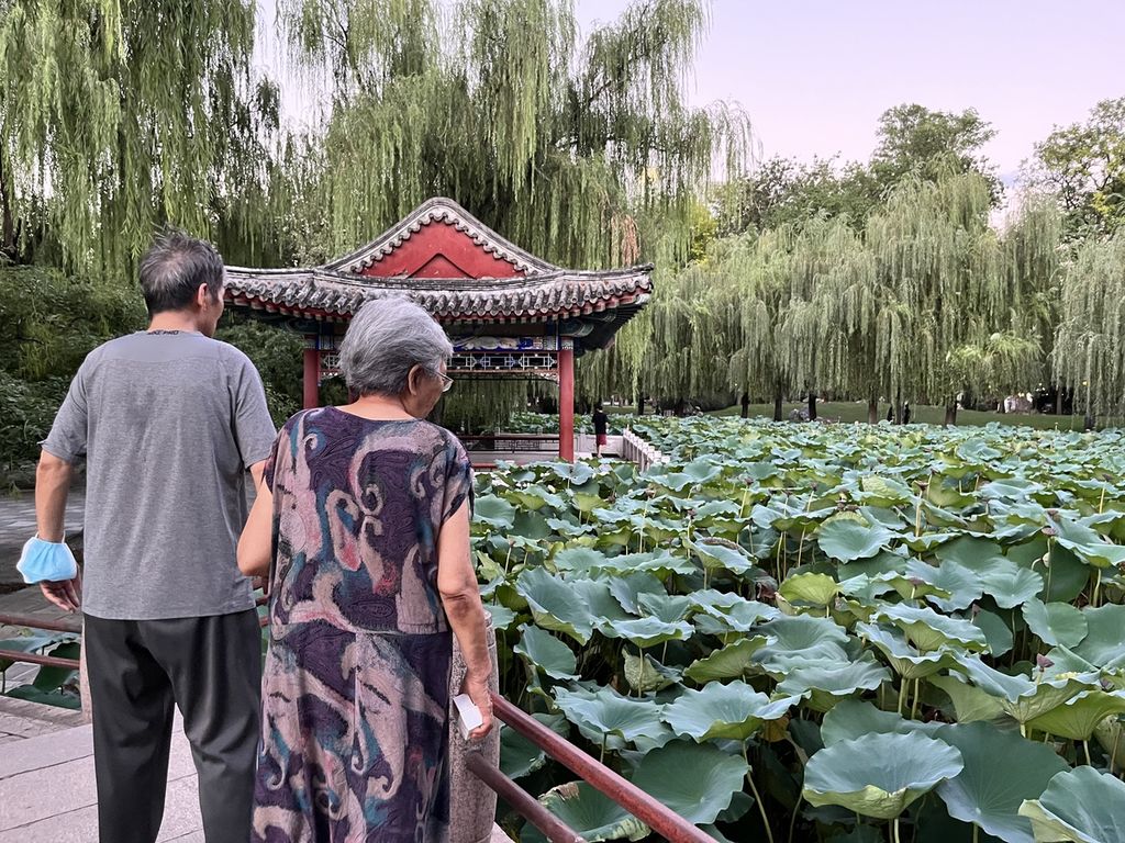 Sepasang lansia berjalan-jalan menikmati pemandangan di Taman Ritan, Beijing, China, Selasa (16/8/2022) sore. Riset menunjukkan, menambah 3.000 langkah per hari dapat menurunkan tekanan darah pada kelompok lansia.