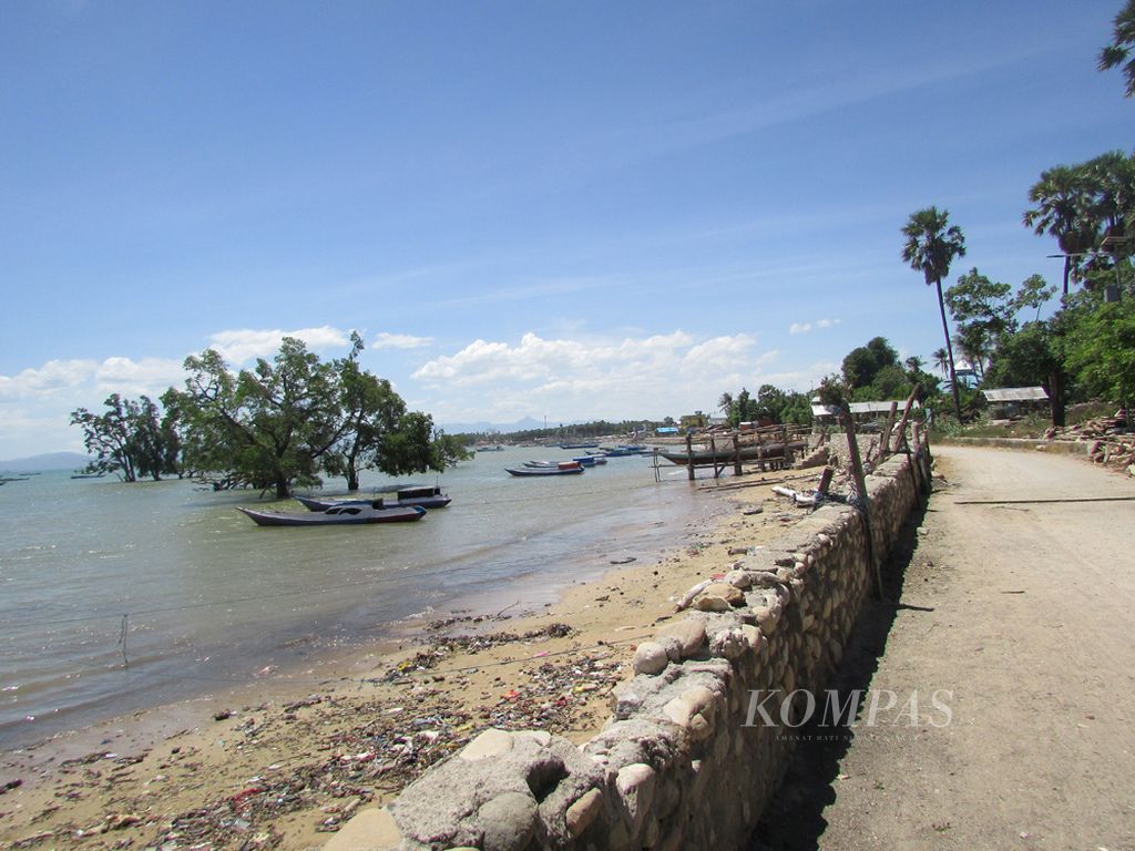 Sekitar 30 tahun silam, pohon mangrove masih tumbuh sekitar 50 meter ke arah laut. Saat itu kawasan tempat mangrove berdiri termasuk pantai. Kini, air laut bergeser sampai 50 meter ke daratan sehingga pemerintah membangun tanggul penahan air, Jumat (27/8/2021).