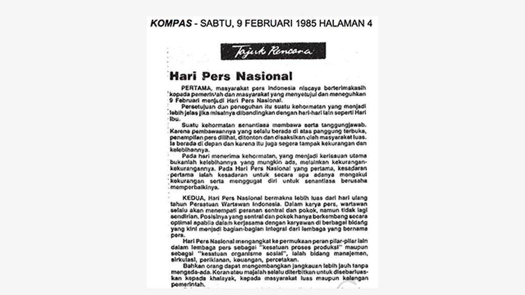 Tajuk Rencana Kompas membahas peringatan Hari Pers Nasional yang pertama, Kompas, 9 Februari 1985.