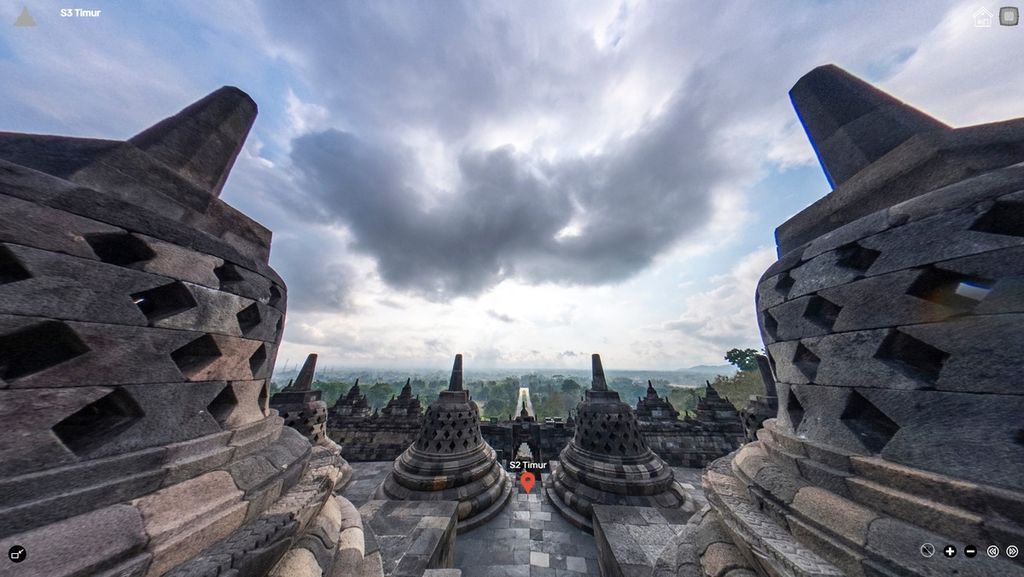 Tangkapan layar pencitraan virtual 360 Candi Borobudur yang dibuat oleh Direktorat Jenderal Bimbingan Masyarakat Buddha Kementerian Agama.