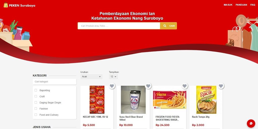 Tangkapan layar berbagai macam produk UMKM Kota Surabaya yang dipasarkan melalui aplikasi E-peken yang dikembangkan oleh Pemerintah Kota Surabaya, Senin (11/4/2022).