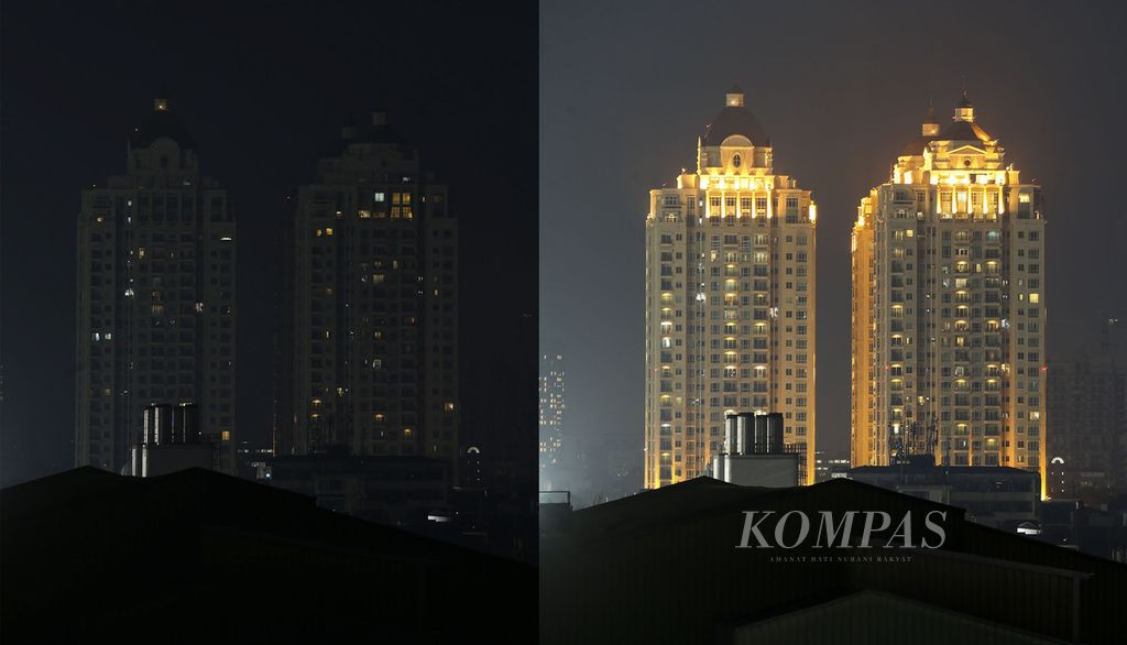 Gedung-gedung di kawasan Kebayoran Lama, Jakarta, sebelum dipadamkan (kanan) dan setelah dipadamkan untuk peringatan Earth Hour 2022, Sabtu (26/3/2022). Kegiatan untuk mengingatkan dampak perubahan iklim dan pentingnya energi terbarukan. Earth Hour dilakukan dengan memadamkan lampu pada pukul 20.30-21.30.
