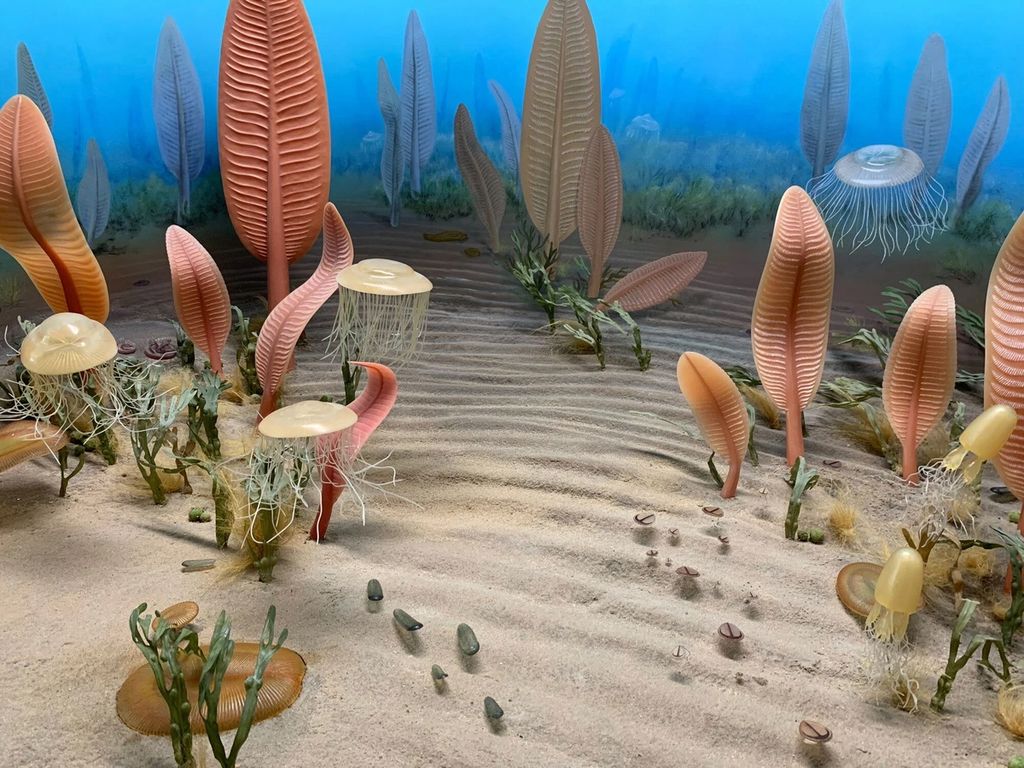 Diorama yang menggambarkan makhluk laut era Ediakara.