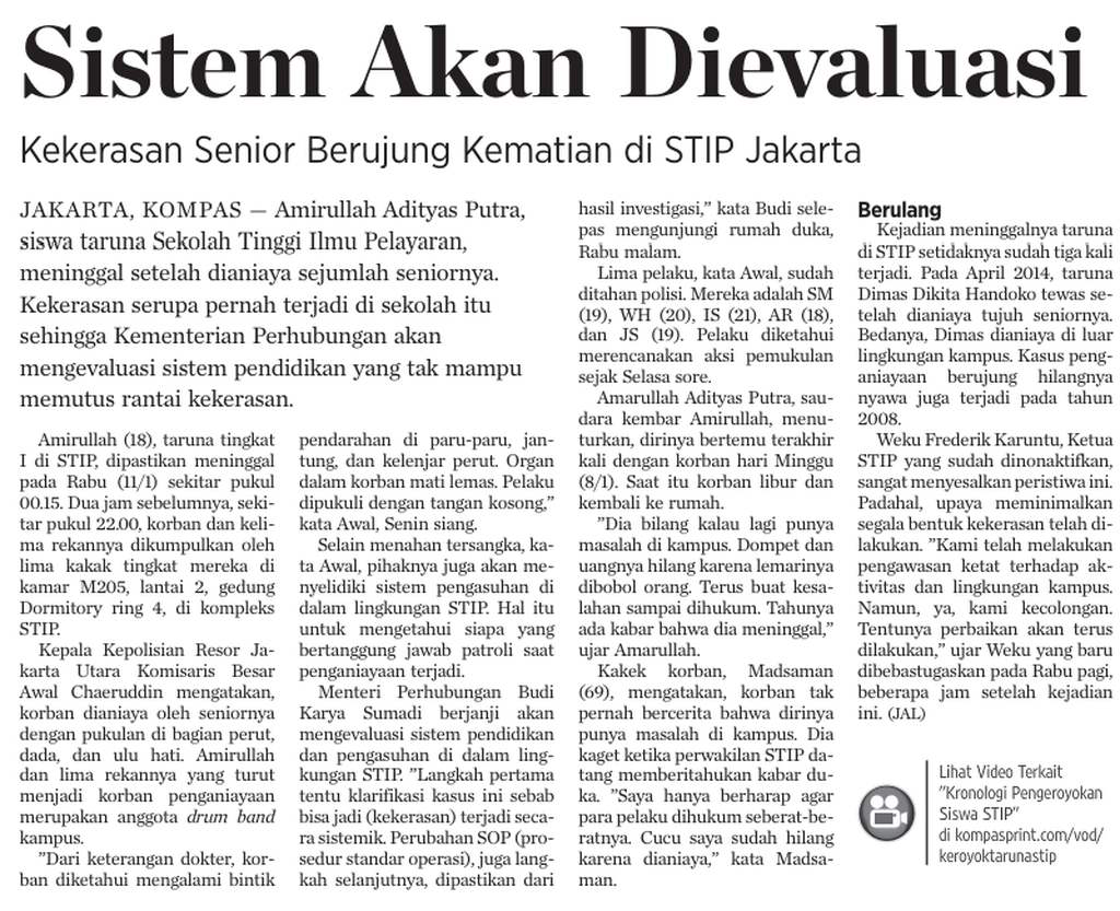 <i>Kompas </i>'s news archive regarding the case of abuse of cadets at the Jakarta Maritime Science College on Thursday (12/1/2017).