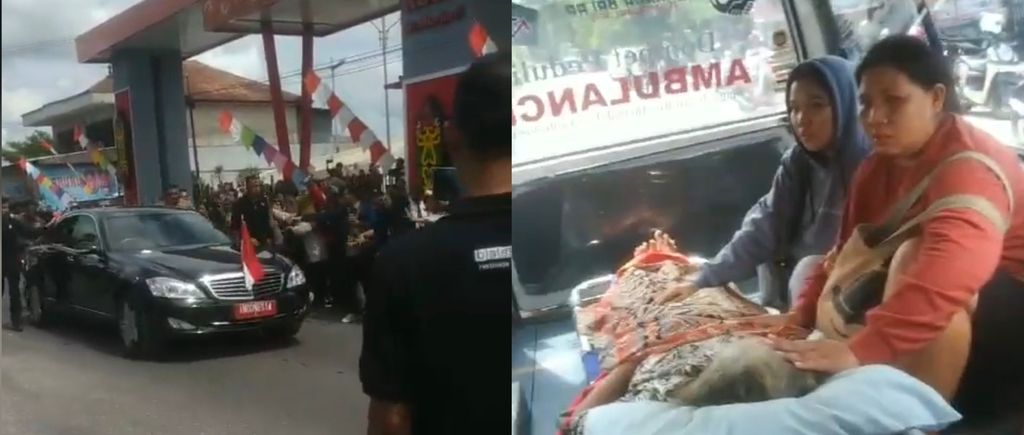 Ambulans yang membawa pasien di Kotawaringin Timur, Kalimantan Tengah, tertahan rombongan kendaraan Kepresidenan, Rabu (26/6/2024). 