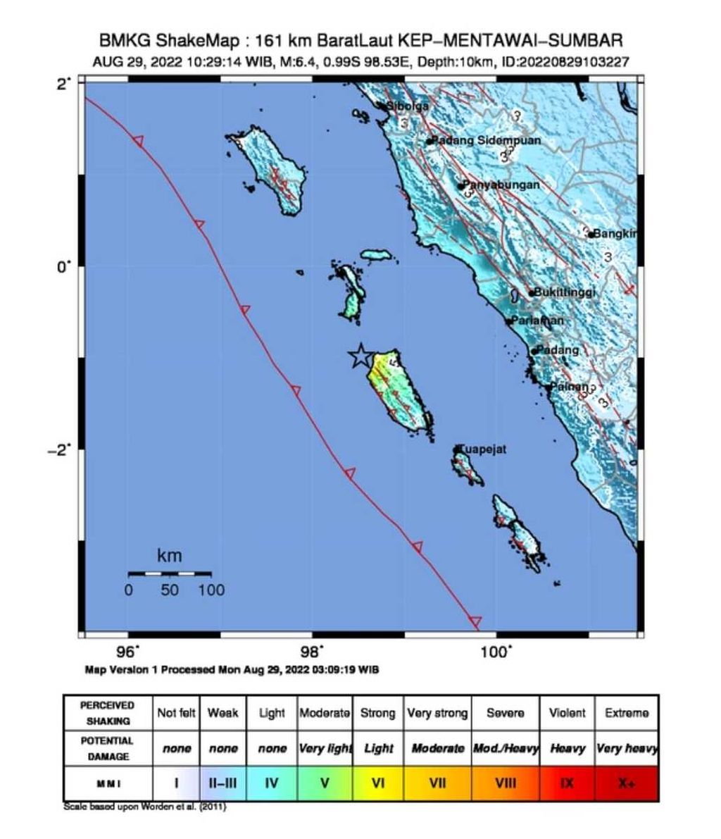 Peta gempa bumi bermagnitudo 6,4 di sekitar Pulau Siberut, Kepulauan Mentawai, Sumatera Barat, Senin (29/8/2022) pukul 10.29.