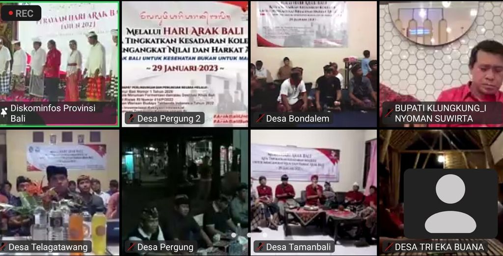 Bali merayakan Hari Arak Bali setiap 29 Januari. Tangkapan layar dari tayangan acara perayaan Hari Arak Bali tahun 2023, yang dilangsungkan secara daring dan secara luring dari area The Nusa Dua, Badung, Minggu (29/1/2023).
