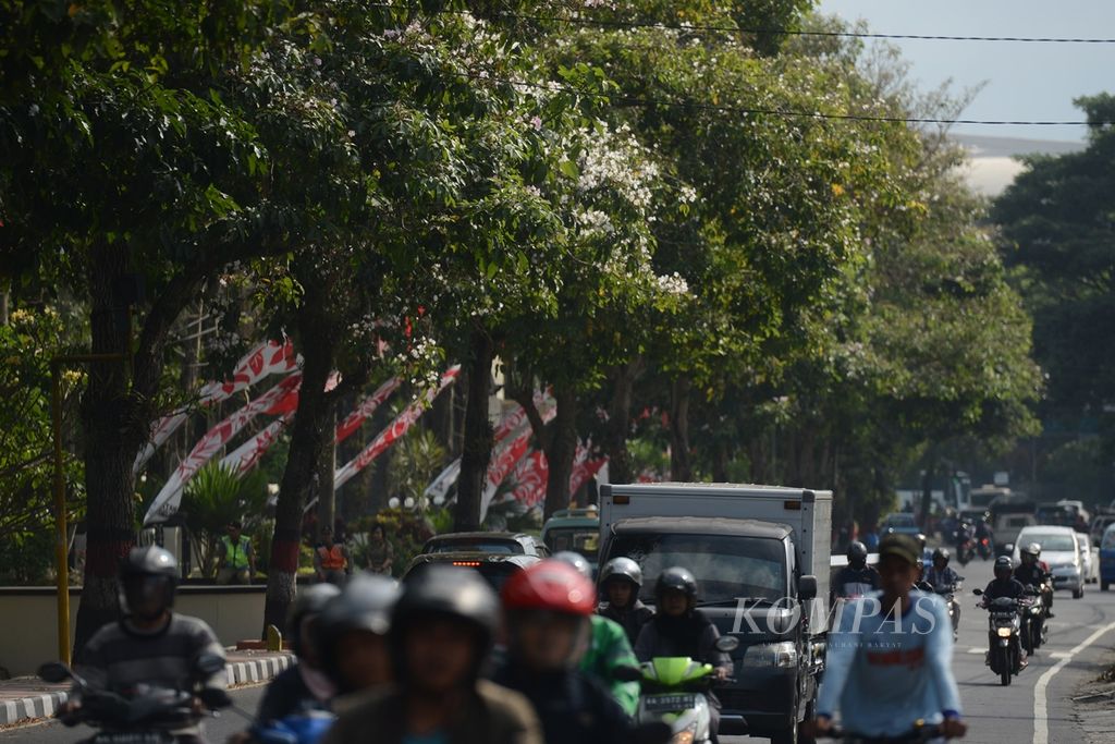 Bunga tabebuya mekar di tepi Jalan Jenderal Sarwo Edhie Wibowo, Kota Magelang, Jawa Tengah, akhir 2019. Kendaraan yang melintas di tengah Kota Magelang sepekan sebelum Lebaran 2023 mulai ramai, tetapi masih didominasi warga lokal yang berbelanja kebutuhan jelang Lebaran. 