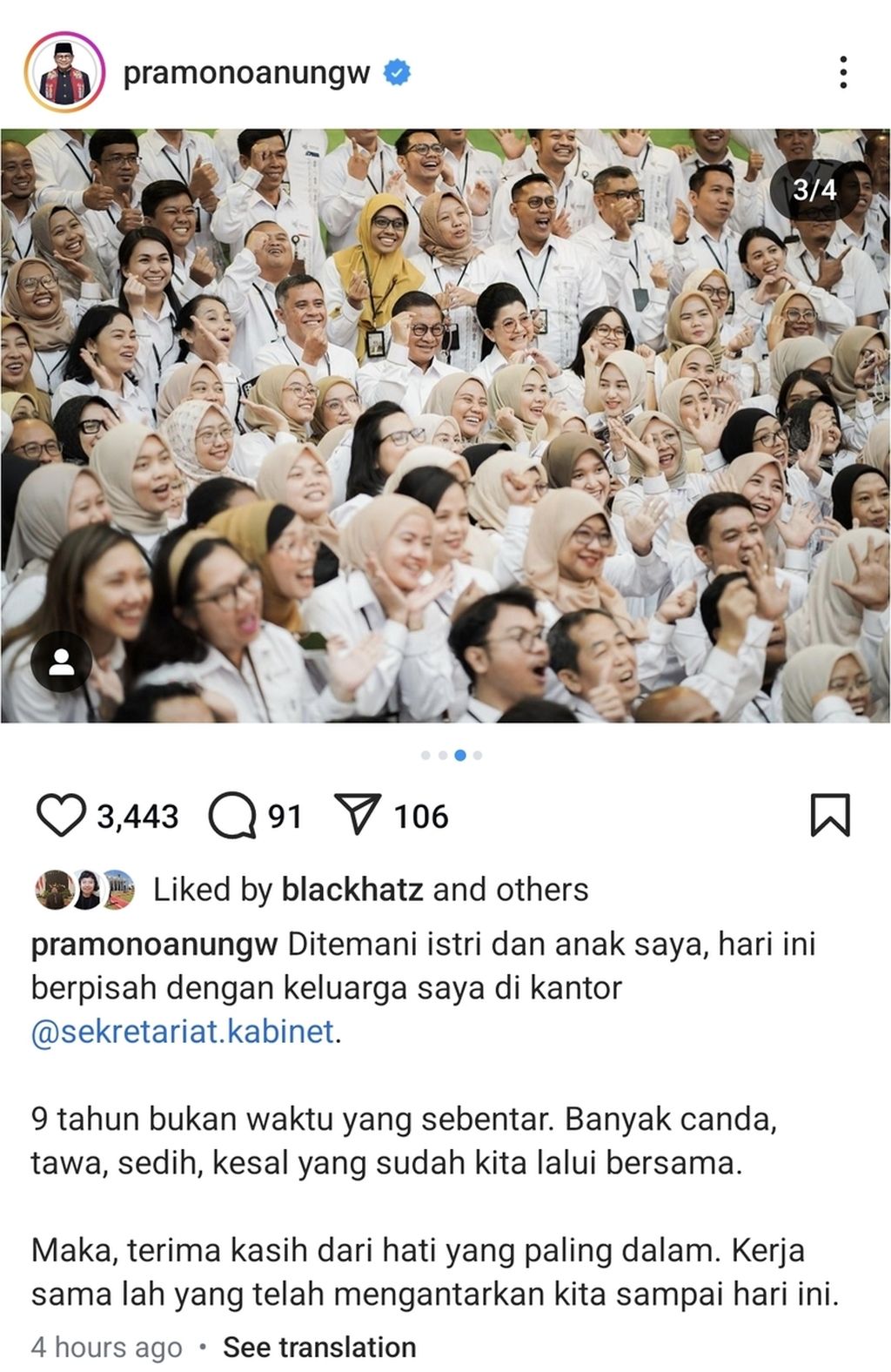 Pramono Anung mengunggah momen saat dia berpamitan dengan staf-staf Sekretariat Kabinet di akun media sosialnya, Jumat (20/9/2024). Pramono mengundurkan diri dari jabatan Sekretaris Kabinet per 22 September 2024 karena maju dalam Pilkada DKI Jakarta.