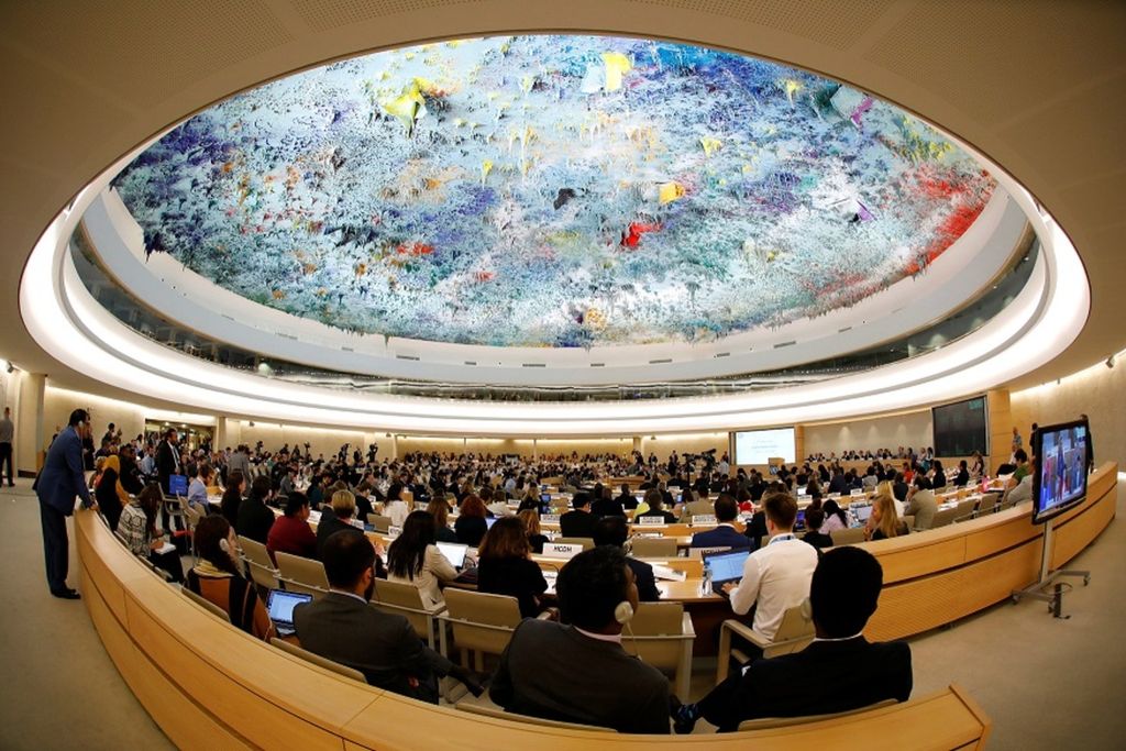 Suasana ruang sidang Dewan Hak Asasi Manusia PBB di Geneva, Swiss, Rabu (20/6/2018).