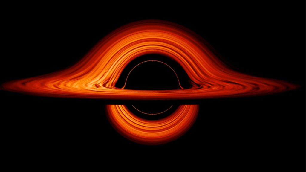 Visualisasi lubang hitam dilihat dari samping yang menunjukkan piringan cakram berisi gas yang bergejolak di sekeliling lubang hitam. Gravitasi ekstrem lubang hitam mengubah jalur cahaya yang datang dari berbagai bagian piringan sehingga menghasilkan citra cahaya yang melengkung.
