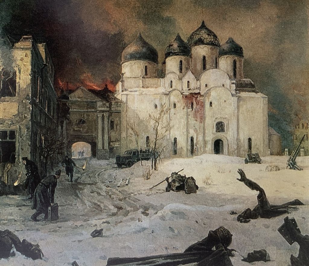 Lukisan Grup Kukryniksy: Pembantaian Nazi di Kota Nodgorov”.