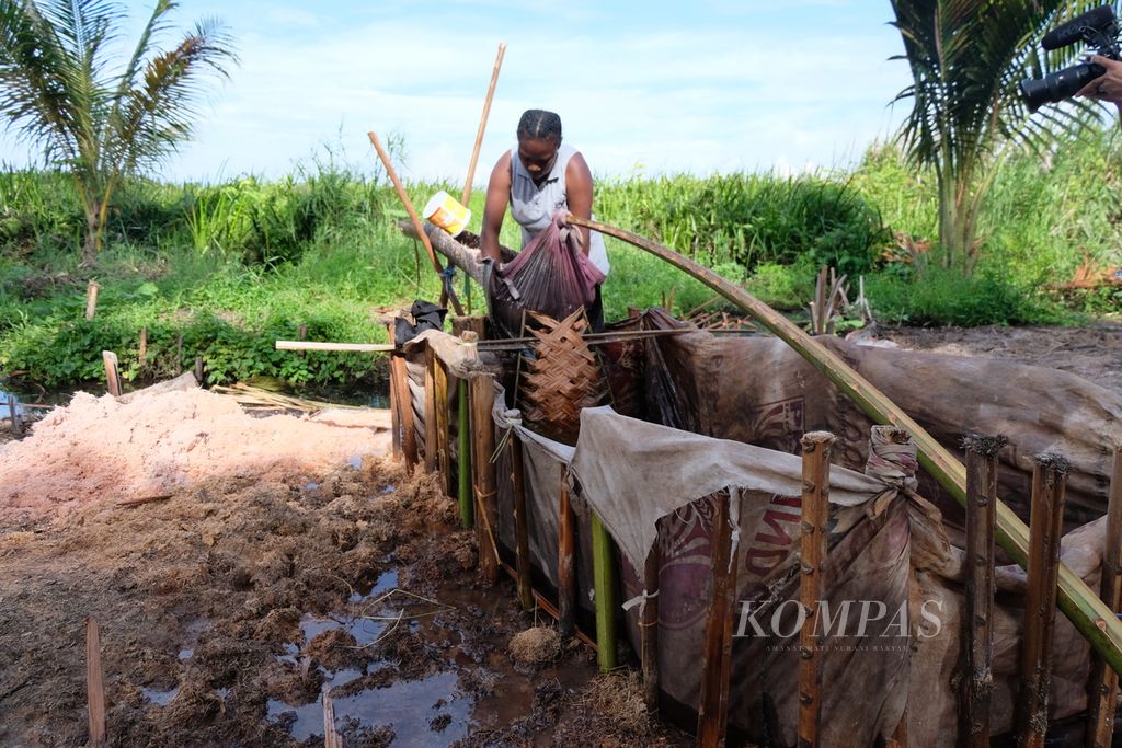 Warga mengolah sagu di Kampung Yoboi, Distrik Sentani, Papua pada Selasa (29/8/2023).  