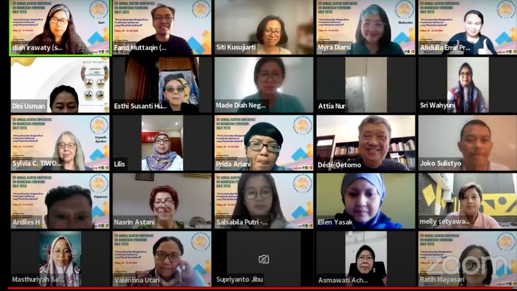 Suasana 1st Annual Kartini Conference on Indonesian Feminism (KCIF) 2023 yang berlangsung secara virtual pada 20-23 Juli 2023 yang membahas tentang feminisme di Indonesia. Konferensi yang diselenggarakan oleh LETSS Talk (Let’s Talk about SEX n SEXUALITIES), Konde.co, dan Padepokan Perempuan GAIA ini menampilkan 118 judul <i>paper </i>dan 31 tema diskusi yang dilakukan dalam sesi-sesi diskusi di KCIF 2023. 