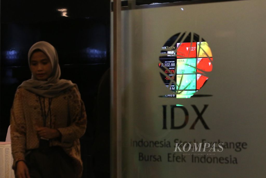 Movements in the Composite Stock Price Index (IHSG) were monitored from monitors at the Indonesia Stock Exchange in Jakarta, Friday (26/4/2024).