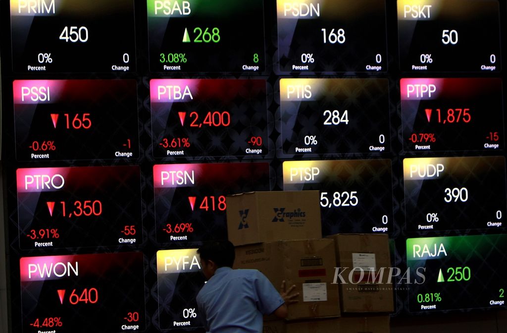 Karyawan dengan beban bawaan melintasi papan informasi saham di gedung Bursa Efek Indonesia, Jakarta, Senin (26/8/2019).
