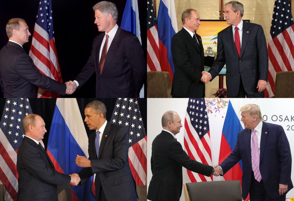 Kombinasi foto saat Presiden Rusia Vladimir Putin bertemu Presiden Amerika Bill Clinton, George W. Bush, Barack Obama dan Donald Trump 