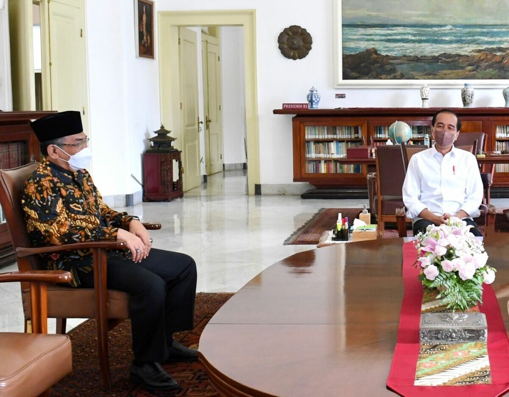 President Joko Widodo receives the elected General Chairperson of the Nahdlatul Ulama (PBNU) Executive Board, KH Yahya Cholil Staquf at the Bogor Presidential Palace, on Wednesday, December 29, 2021
