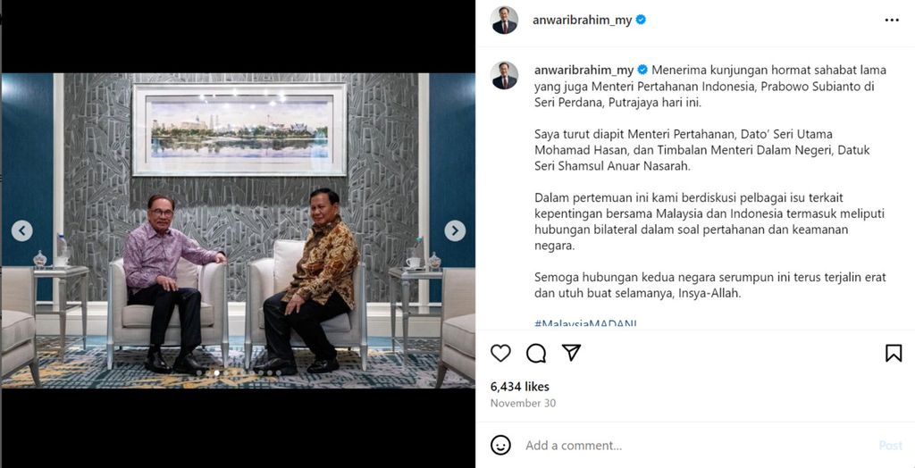 Pertemuan Prabowo Subianto dan Anwar Ibrahim.
