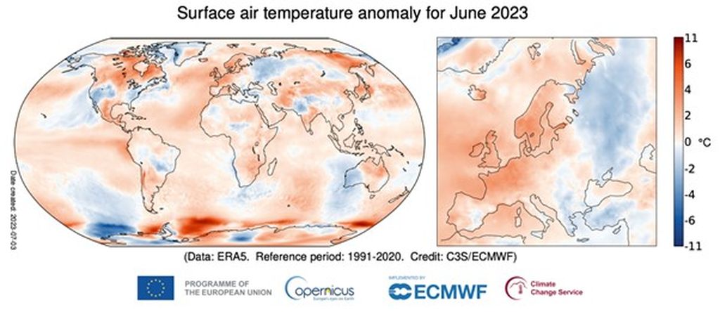 Anomali suhu permukaan Bumi selama bulan Juni 2023. Sumber: Copernicus ECMWF ERA5