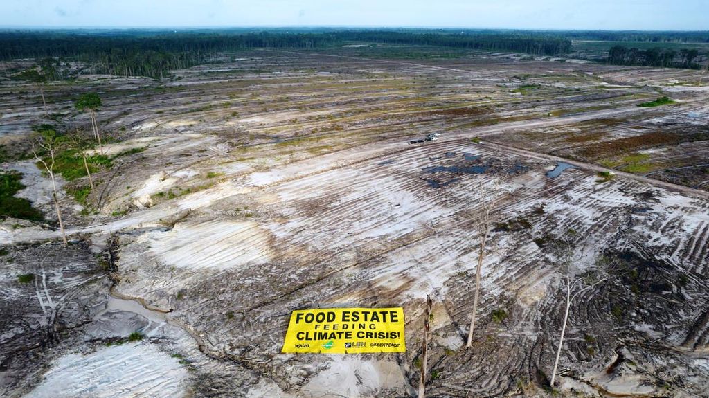 Foto udara spanduk yang dibentangkan sejumlah aktivis dari Greenpeace, Wahana Lingkungan Hidup Indonesia (Walhi) Kalteng, Save Our Borneo (SOB), dan Lembaga Bantuan Hukum (LBH) Kota Palangkaraya, Kamis (10/11/2022).