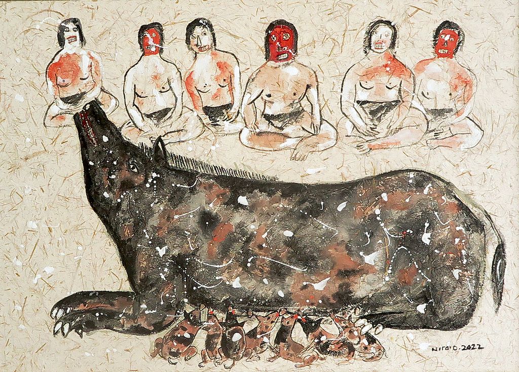 Lukisan berjudul Babi Beranak karya I Made Wiradana yang dipamerkan di Galarupa Balinesia Art Space Kuta.