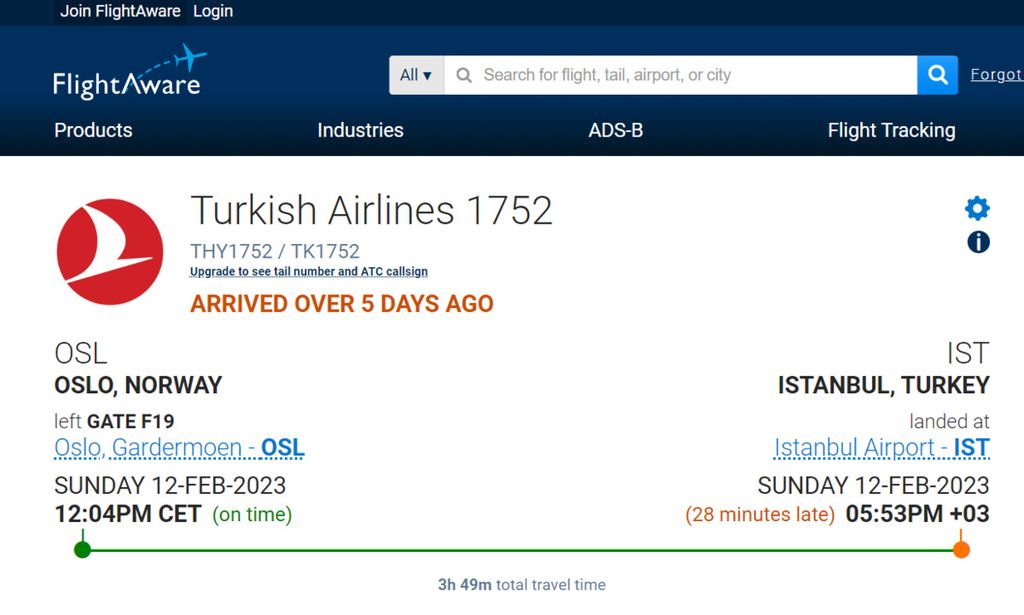 Data penerbangan Turkish Airlines dengan kode TK1752 dari Oslo, Norwegia, ke Istanbul, Turki, tanggal 12 Februari 2023.