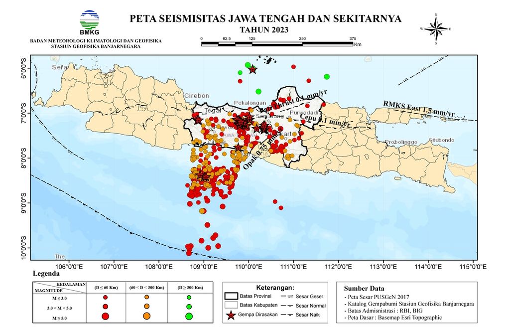 Peta sebaran gempa bumi di Jawa Tengah sepanjang 2023.