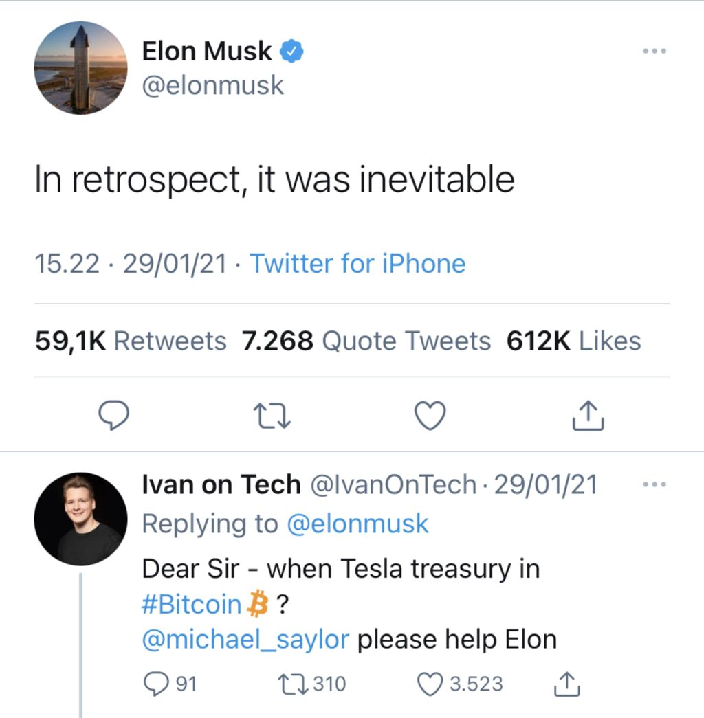 Cuitan dari pendiri Tesla, Elon Musk, pada 29 Januari 2021, yang dinilai mengindikasikan dukungan terhadap bitcoin. 