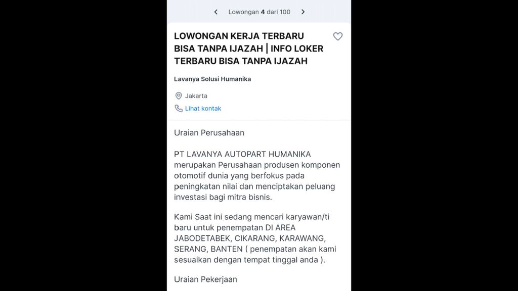 Iklan lowongan kerja PT Lavanya Autopart Humanika di salah satu situs pencarian lowongan.