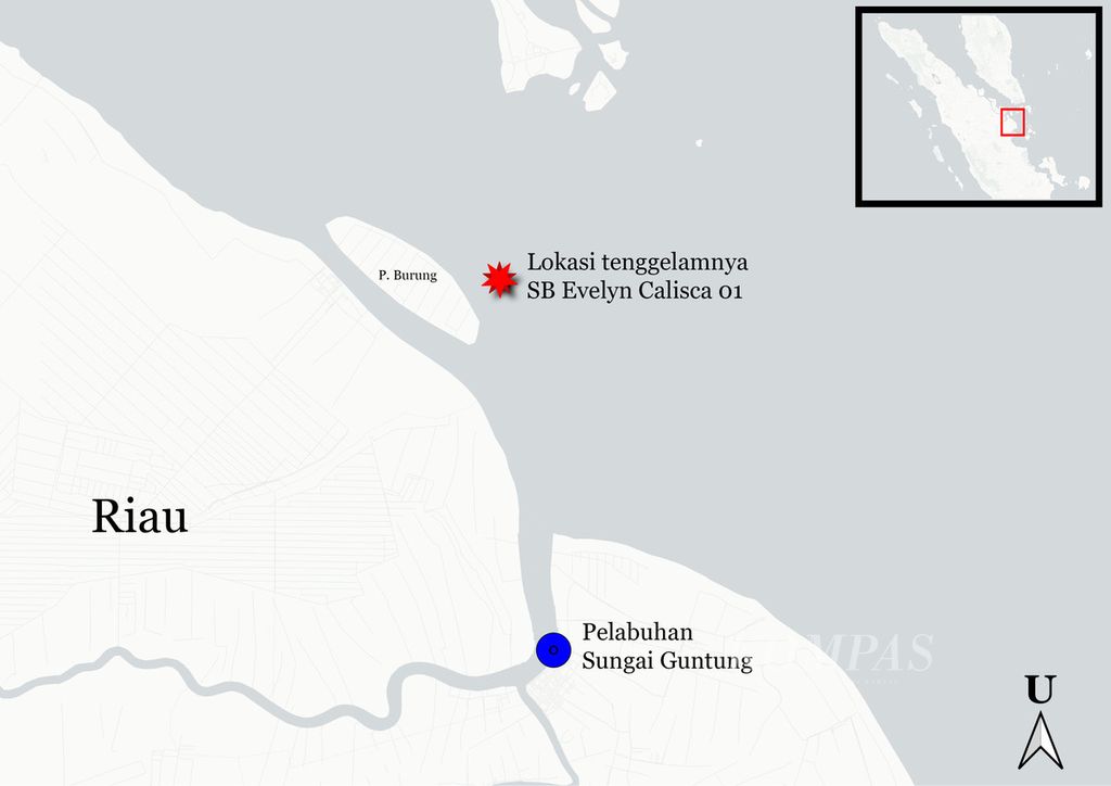 Lokasi kecelakaan <i>speedboat</i> Evelyn Calisca 01 di perairan sebelah timur Pulau Burung, Kecamatan Kateman, Kabupaten Indragiri Hilir, Riau, Kamis (27/4/2023).