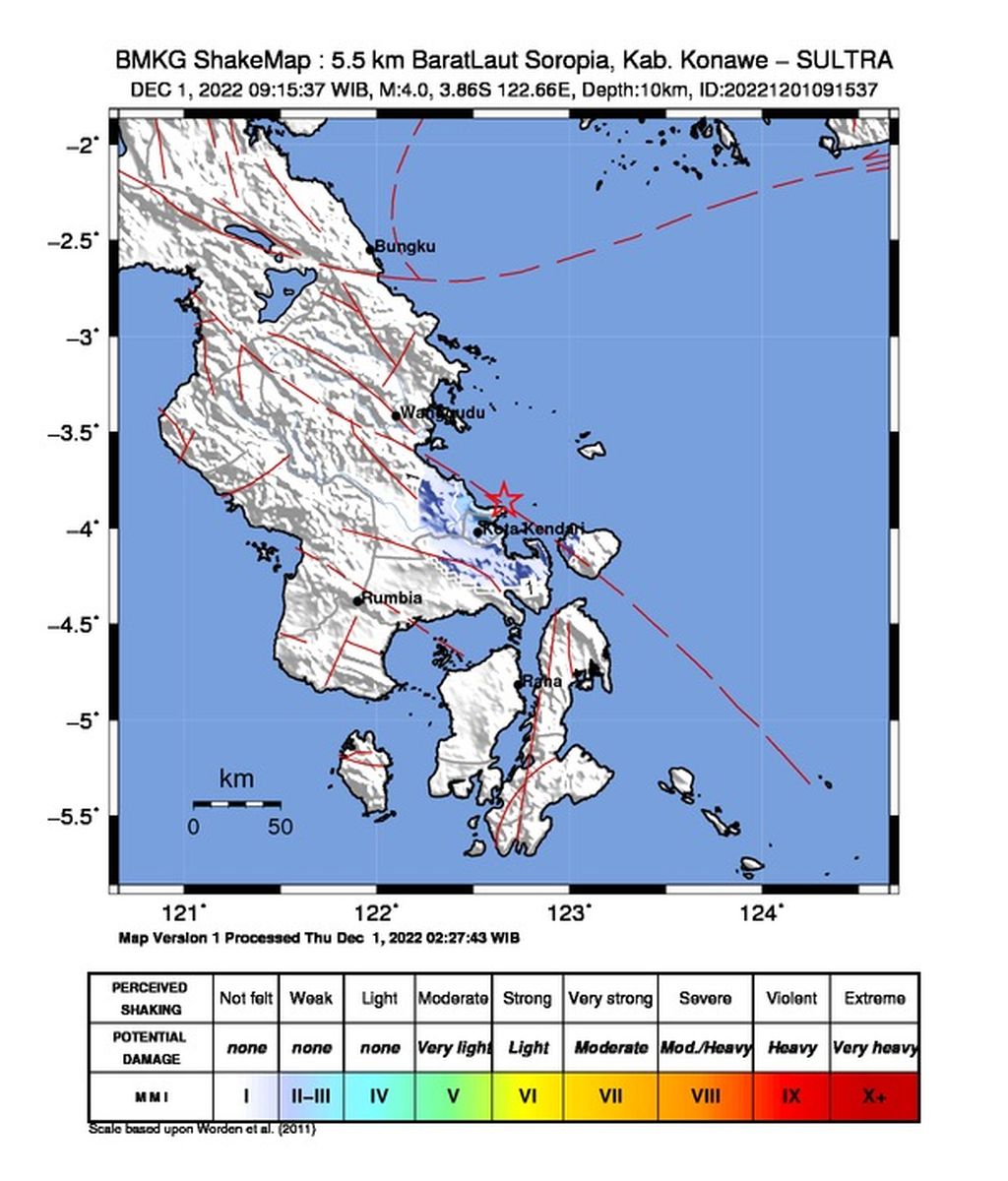 Gempa bermagnitudo 4,0 mengguncang wilayah Konawe, Kendari, hingga Konawe Selatan, pada Kamis (1/12/2022) menjelang siang.