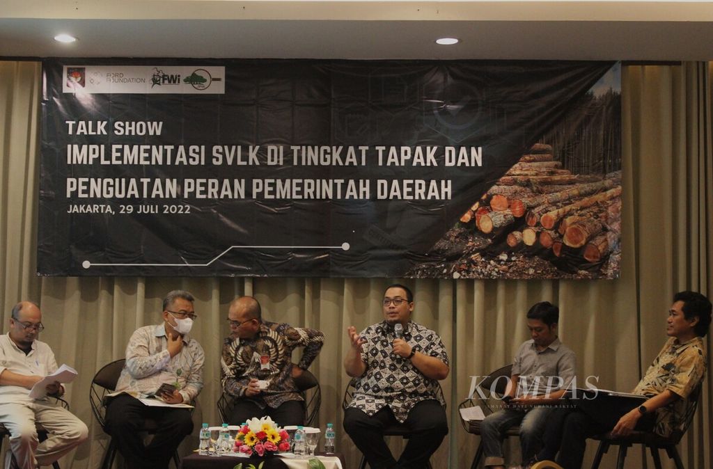 Suasana <i>talk show </i>Implementasi SVLK di Tingkat Tapak dan Penguatan Peran Pemerintah Daerah, di Jakarta, Jumat (29/7/2022).