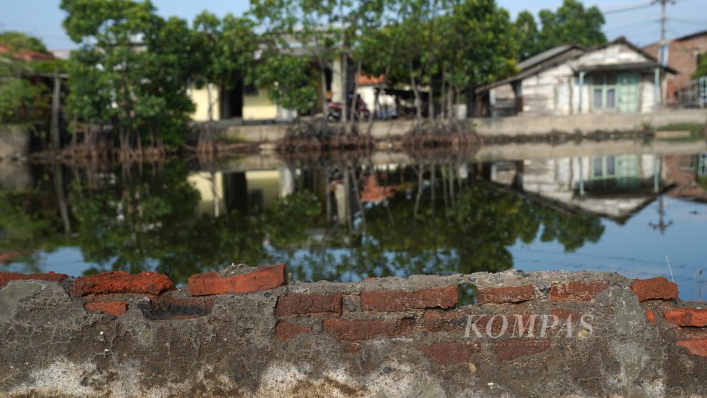 Tembok warga yang sudah ambruk terkena limpasan air laut dan penurunan muka tanah di Desa Panjang Baru, Kecamatan Pekalongan Utara, Pekalongan, Jawa Tengah, Selasa (20/12/2022).