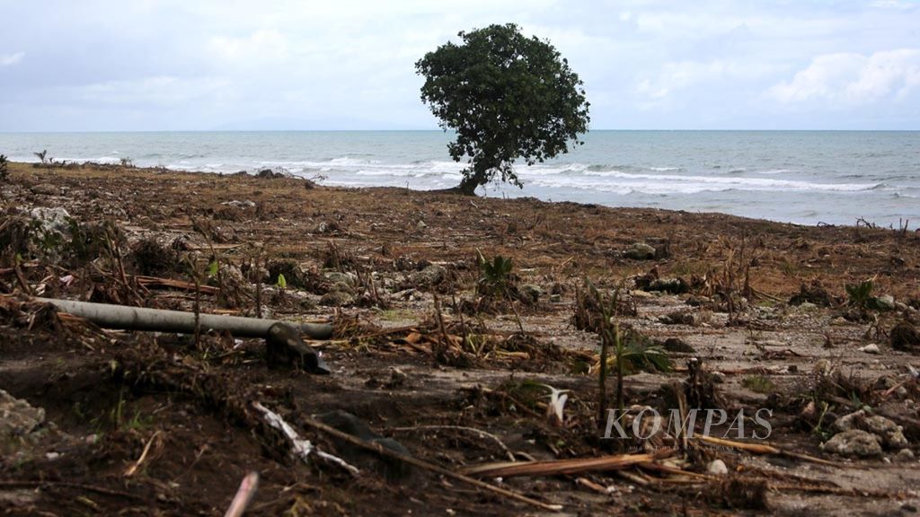 Kawasan Pantai Cipenyu di Desa Tunasjaya, Panimbang, Kabupaten Pandeglang, Banten, rata dengan tanah setelah disapu tsunami, seperti terlihat pada Sabtu (29/12/2018). Tsunami itu menyebabkan 426 orang meninggal dan 1.296 rumah rusak.