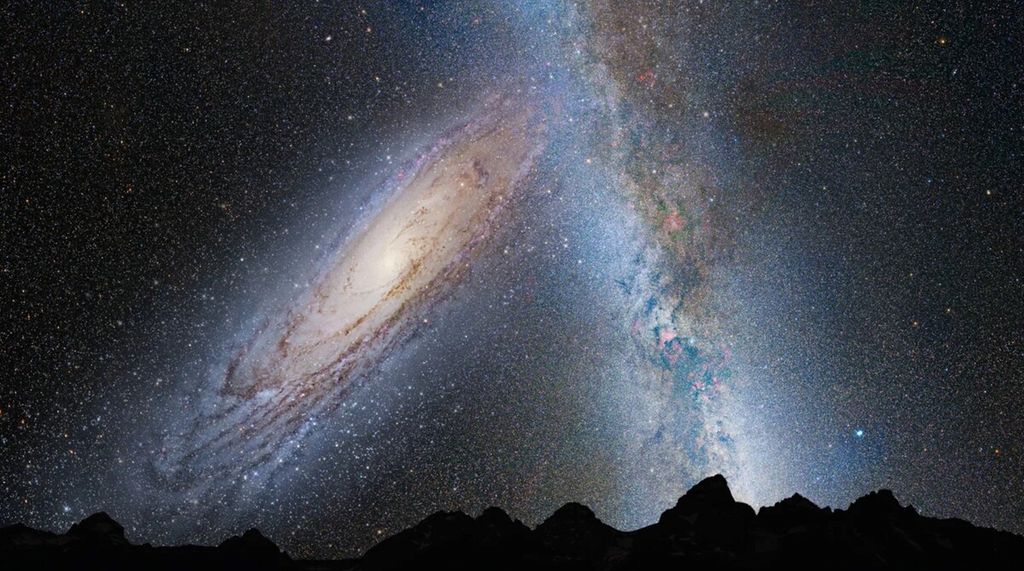 The image of the Andromeda galaxy (left) being pulled by the gravity of the Milky Way galaxy as seen from Earth in 3.75 billion years from now. These two spiral galaxies are estimated to collide in 4.5 billion years and form a new galaxy named Milkomeda or Milkdromeda.