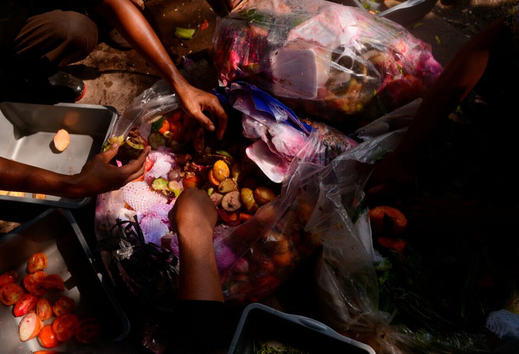 Pekerja memilah sampah yang didapatkan dari hotel dan restoran berupa potongan sayur dan buah untuk sumber makanan bagi larva dari lalat tentara hitam atau dikenal Black Soldier Fly (BSF) di TPA Jatibarang, Kota Semarang, Jawa Tengah, Kamis (25/3/2021). 