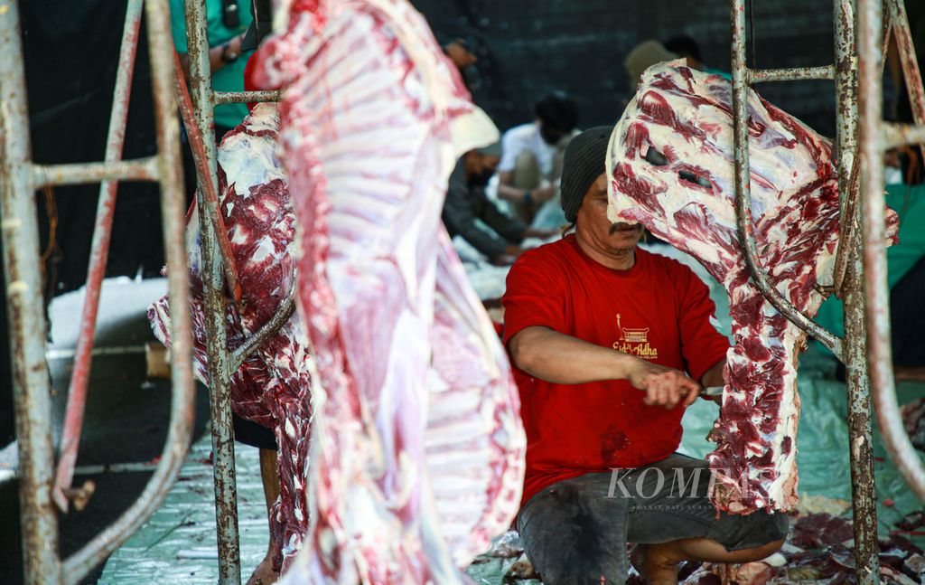 Petugas jagal mempersiapkan daging hewan kurban di Masjid Sunda Kelapa, Menteng, Jakarta Pusat, Minggu (10/7/2022). Kepala dan kaki hewan kurban dipisahkan untuk mengantisipasi penularan penyakit mulut dan kuku atau PMK.